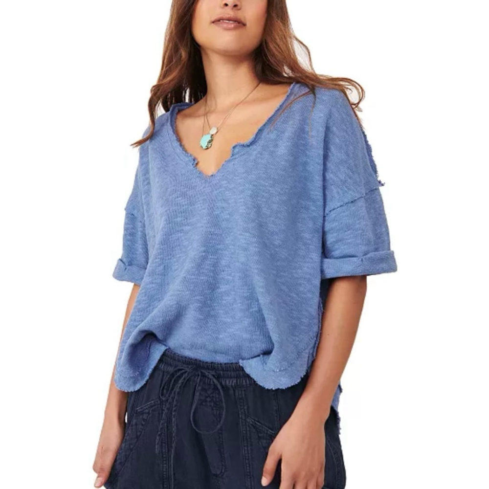 We The Free Blue Frayed V-Neck Slub Tee Top S Boho Oversized Cotton Knit Lagen